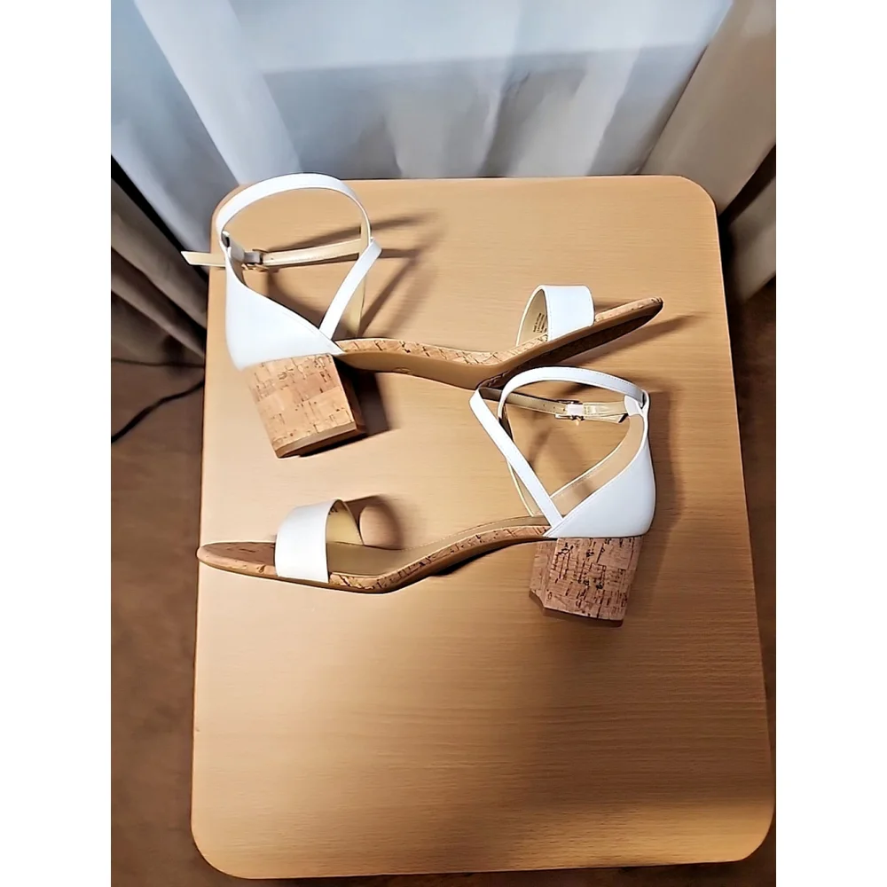 Michael Kors Women  Leather Ankle Strap Cork Block Heels 10 M - WHITE